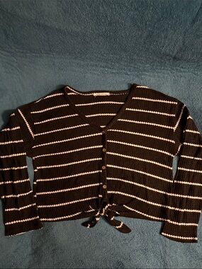 Caution To The Wind Black & White Striped Knit Cardigan - Cropped Style
